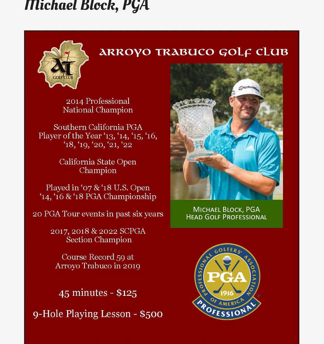 Michael Block - Arroyo Trabuco Golf Club Pro